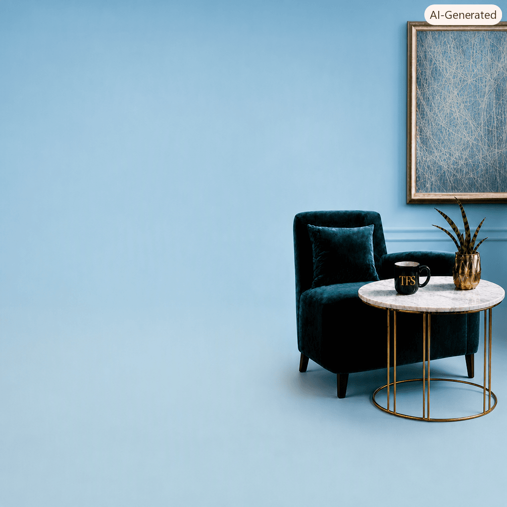 A calm sitting area with a velvet armchair, marble side table, and a Tenant Financial Solutions mug